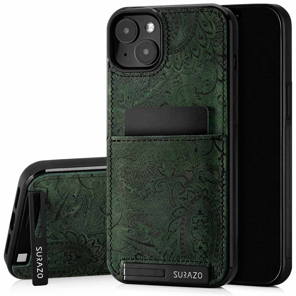 Genuine leather Back case with stand - Ornament Green - TPU Black