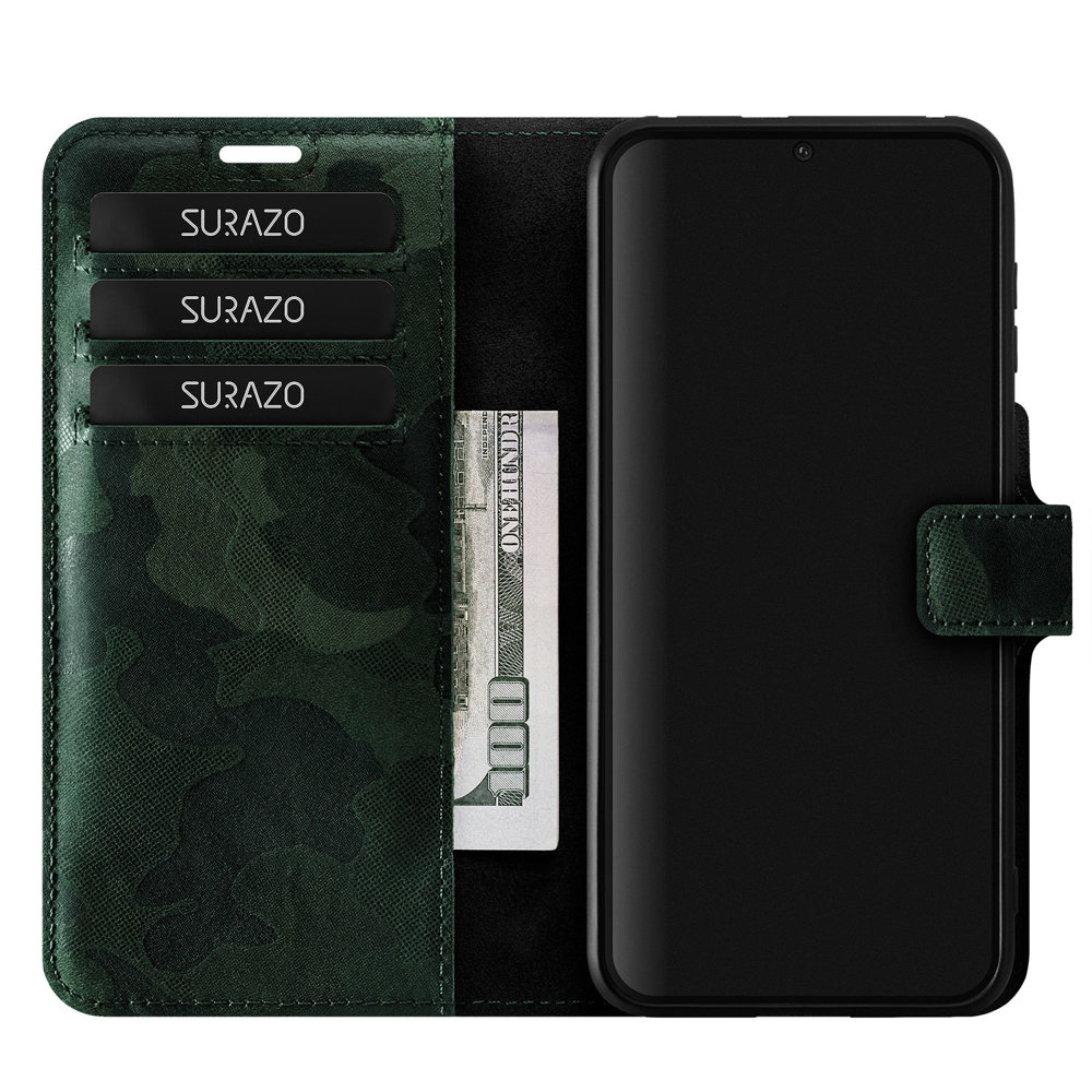 Genuine leather Kickstand Prestige RFID - Military Camouflage Dark Green - TPU Black