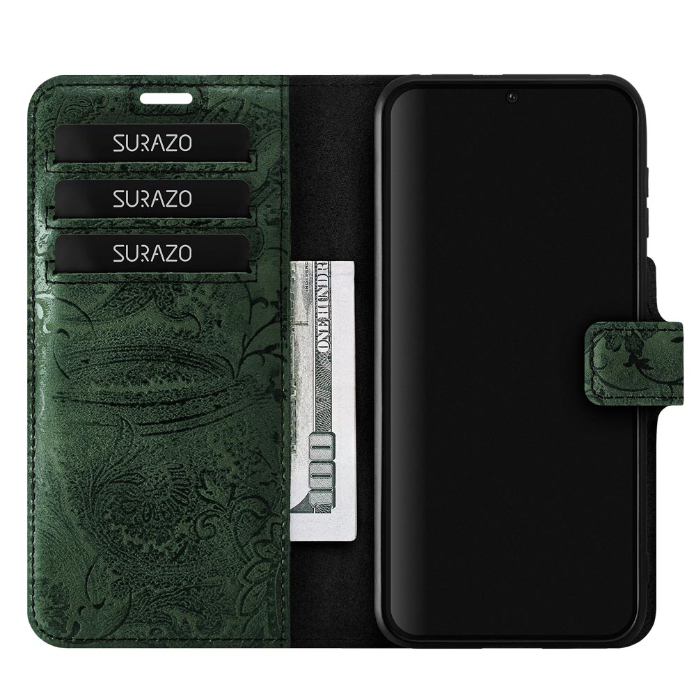 Genuine leather Kickstand Prestige RFID - Ornament Green - TPU Black