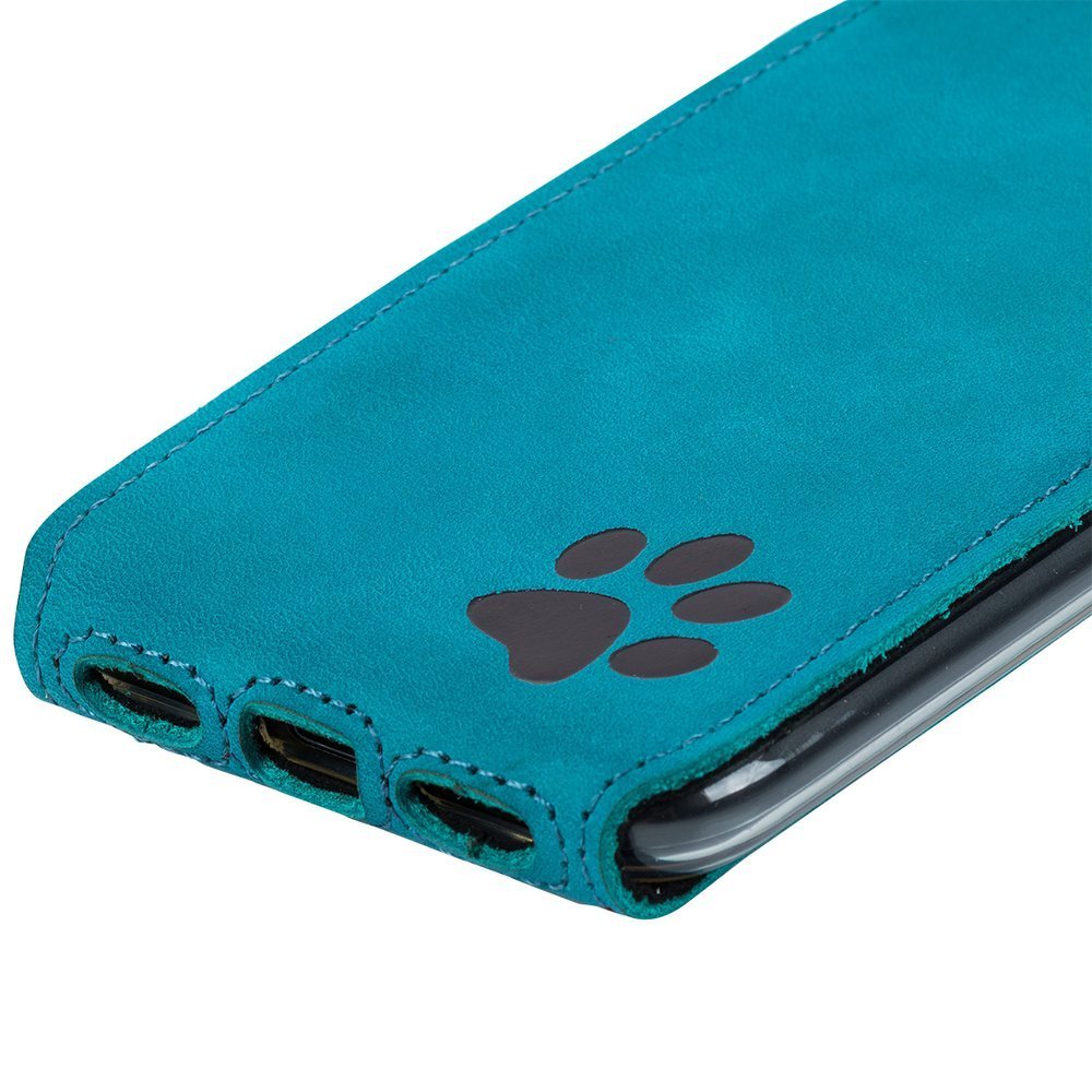 Natural leather Flip case - Turquoise - Black Paw - Transparent TPU