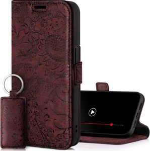 Genuine leather Kickstand Premium RFID - Ornament Burgund - TPU Black